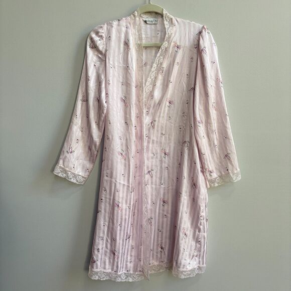 Christian Dior Vintage Floral Striped Robe Women's Small Pink Lace Trim Lingerie - Picture 1 of 15